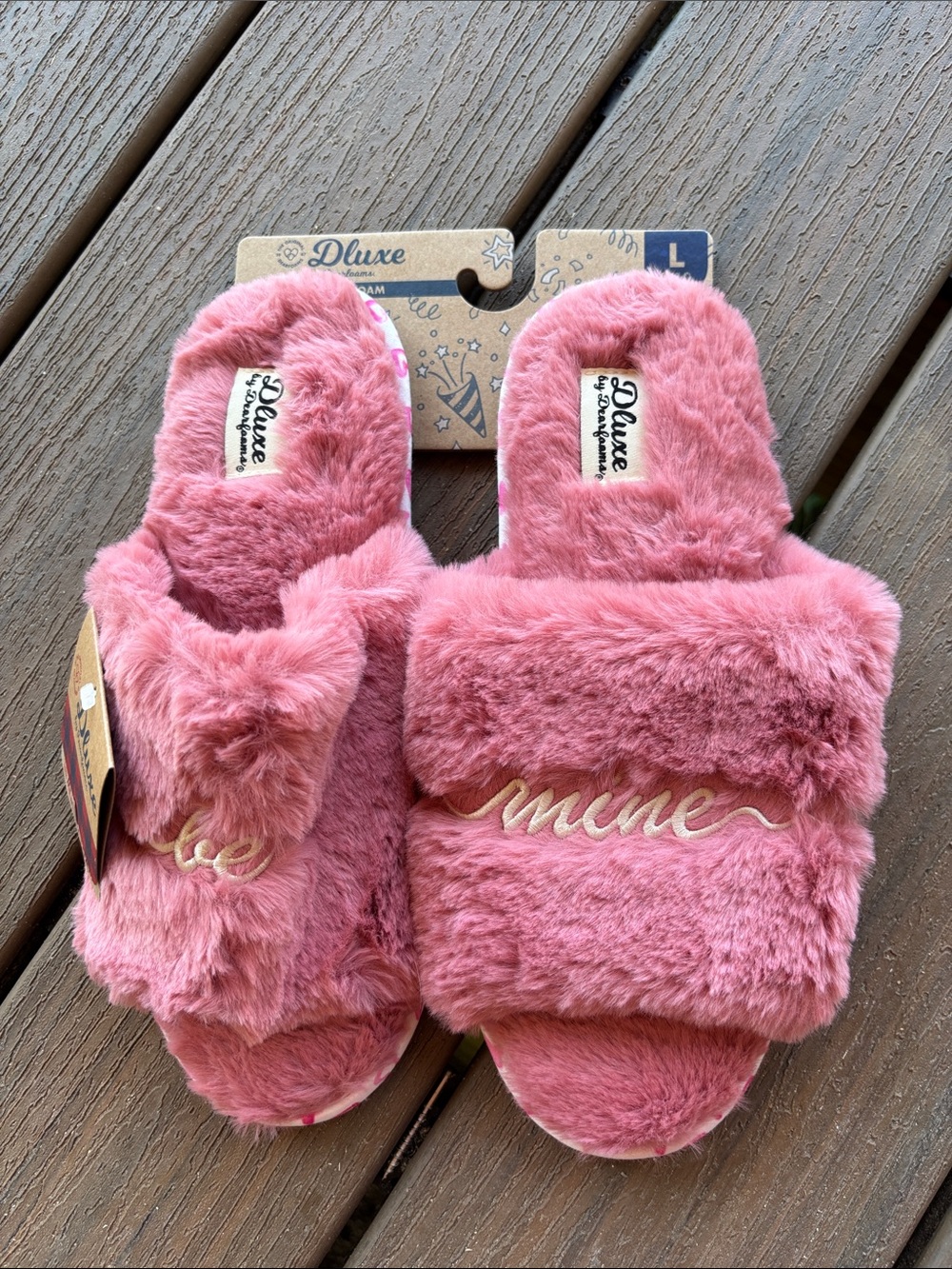 Dluxe By Dearfoams Women Plush Be Mine Slide Slipper Pink Faux Fur Flat Sz L